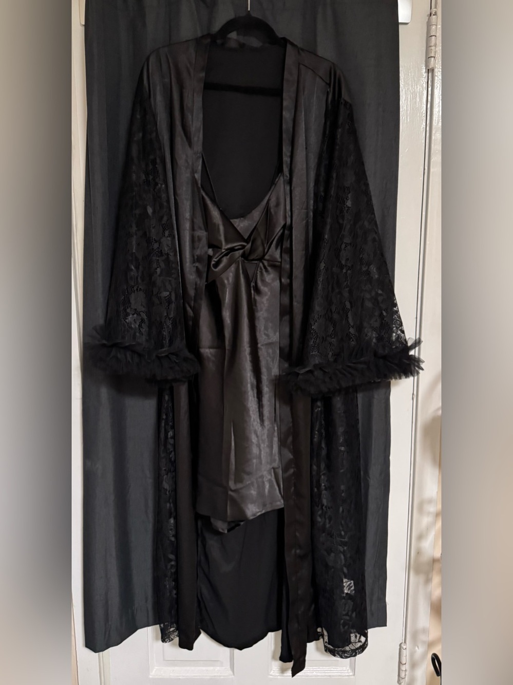 Women's Black Lace & Satin Robe with feathery Cuffs